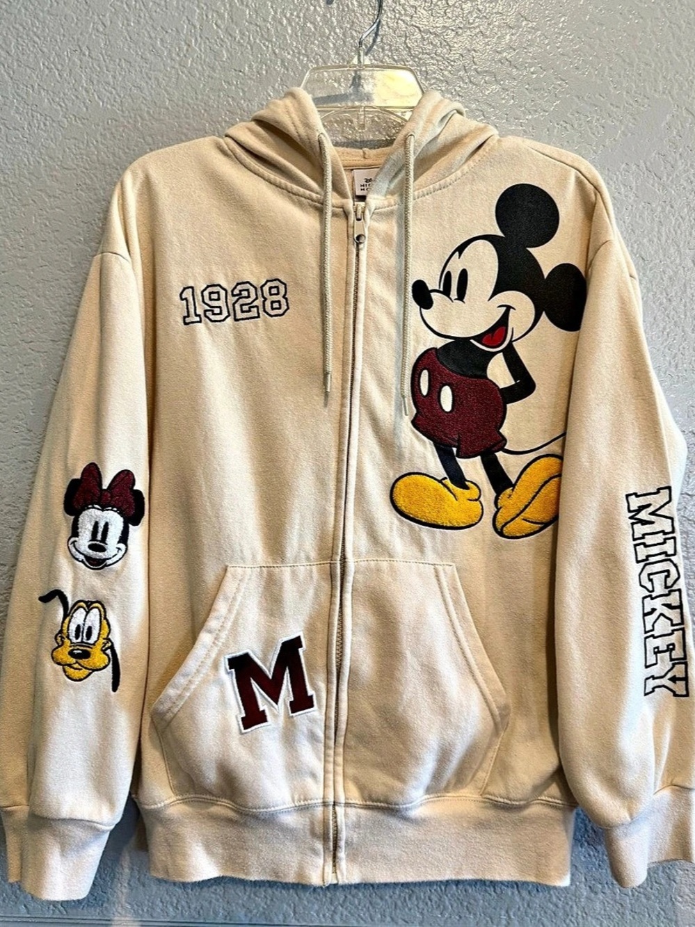 Disney Mickey Mouse 1928 Varsity Full-Zip Hoodie, Cream & Black Adult Size M